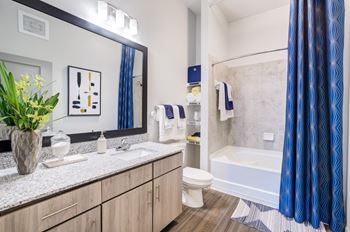 a bathroom with a shower and a sink and a toilet at Century Town Center, Gainesville, FL